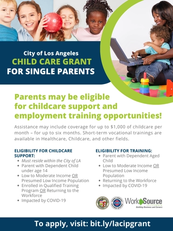 Childcare Grant information for Single Parents, to Apply Visit https://bit.ly/lacipgrant